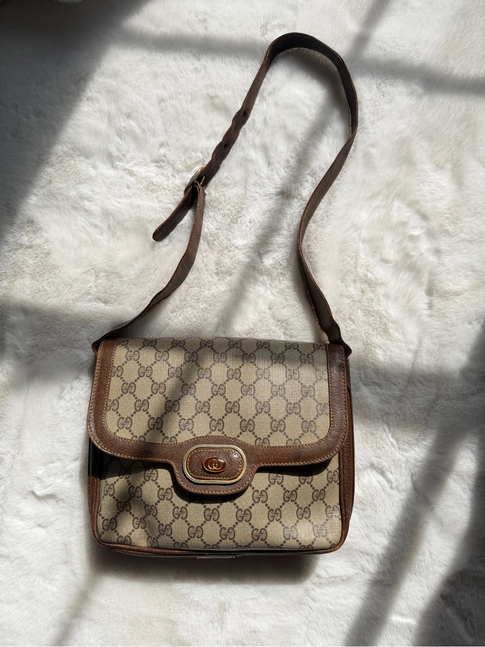 Gucci Beige GG Canvas and Brown Leather Shoulder Bag